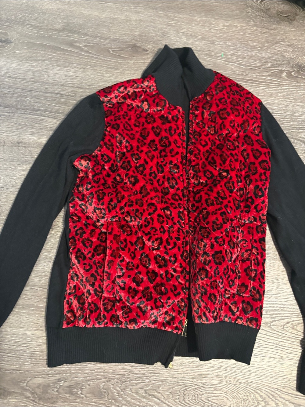 EP Pro Red Leopard Velvet-Front Bomber Jacket with Black Knit Sleeves